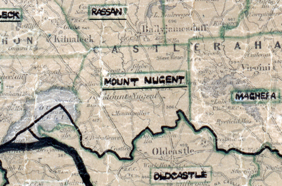 A scanned, worn historical map from the 1940s of the  rural electrification area around Mount Nugent. A  hand‑drawn boundary outlines the region.