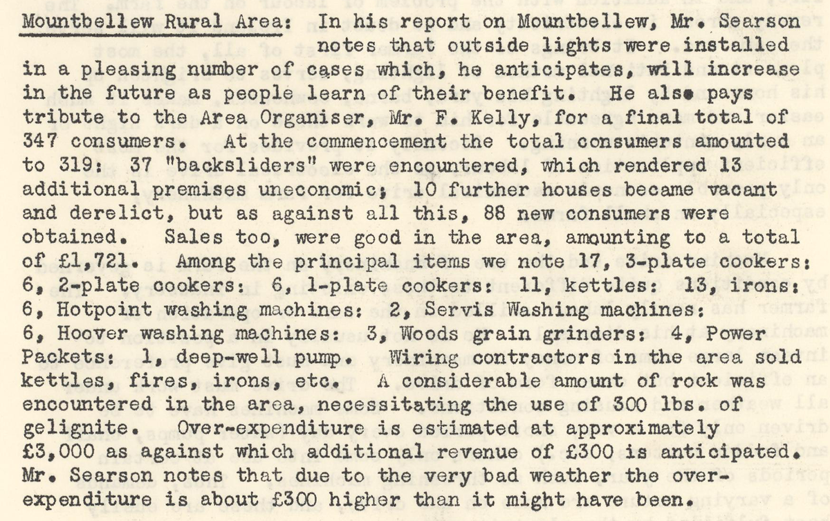 A scanned page from the ESB REO magazine about the Mountbellew Rural Area
