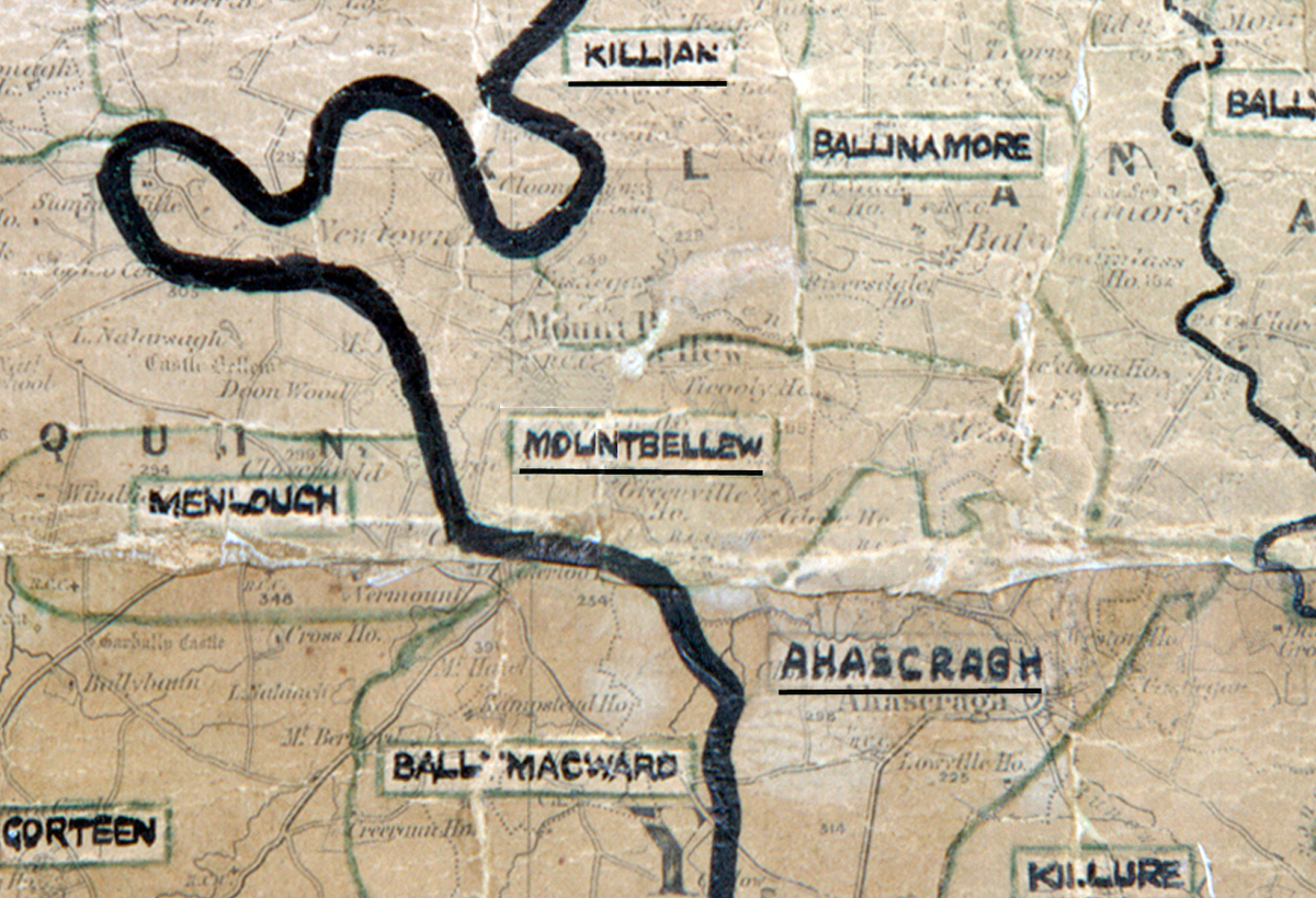 A scanned, worn historical map from the 1940s of the rural electrification area around Mountbellew. A hand‑drawn boundary outlines the region, including Killian, Ballinamore, Menlough, Ahascragh, Ballmacward, and Gorteen.