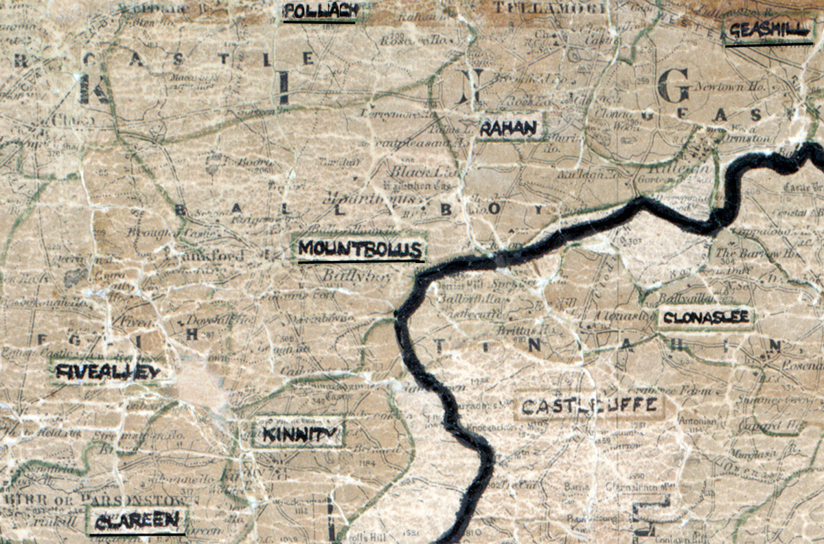 A scanned, worn historical map from the 1940s of the rural electrification area around Mountbolus. A hand‑drawn boundary outlines the region, including Fivealley, Green, Kinnitty, Castletuffe, Clonasse, Rahan, Pollagh, and Seashill.