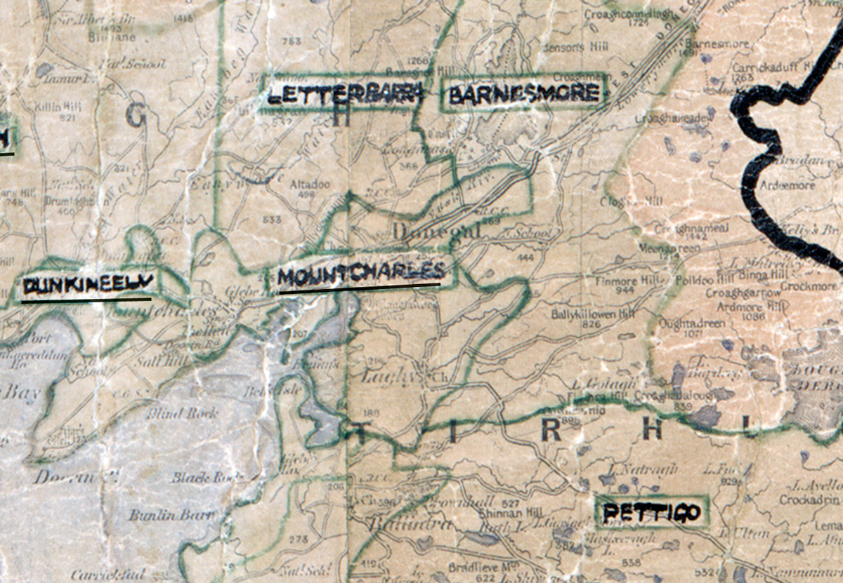 A scanned, worn historical map from the 1940s of the rural electrification area around Mountcharles. A hand‑drawn boundary outlines the region, including Letterbarra, Barnesmore, Dunkineely, and Pettigo.