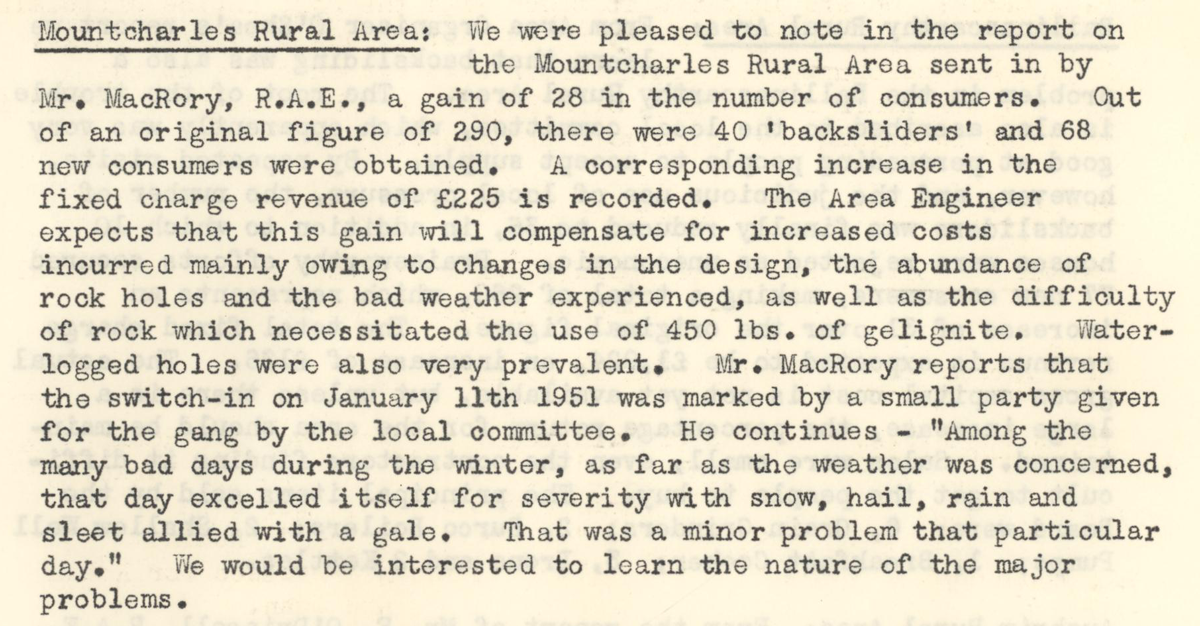A scanned page from the ESB REO magazine about the Mountcharles Rural Area