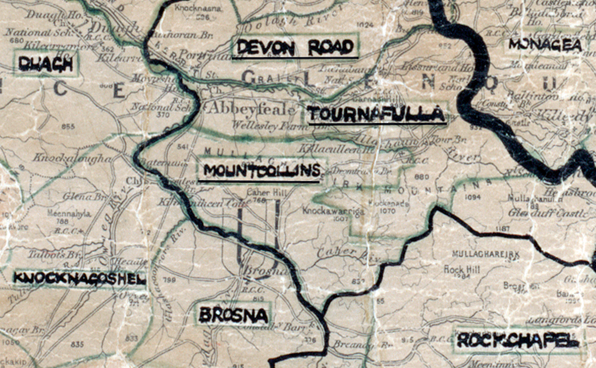 A scanned, worn historical map from the 1940s of the rural electrification area around Mountcollins. A hand‑drawn boundary outlines the region, including Duagh, Devon Road, Tournafulla, Feohanagh, Brosna, Knocknagoshel, and Rockchapel.