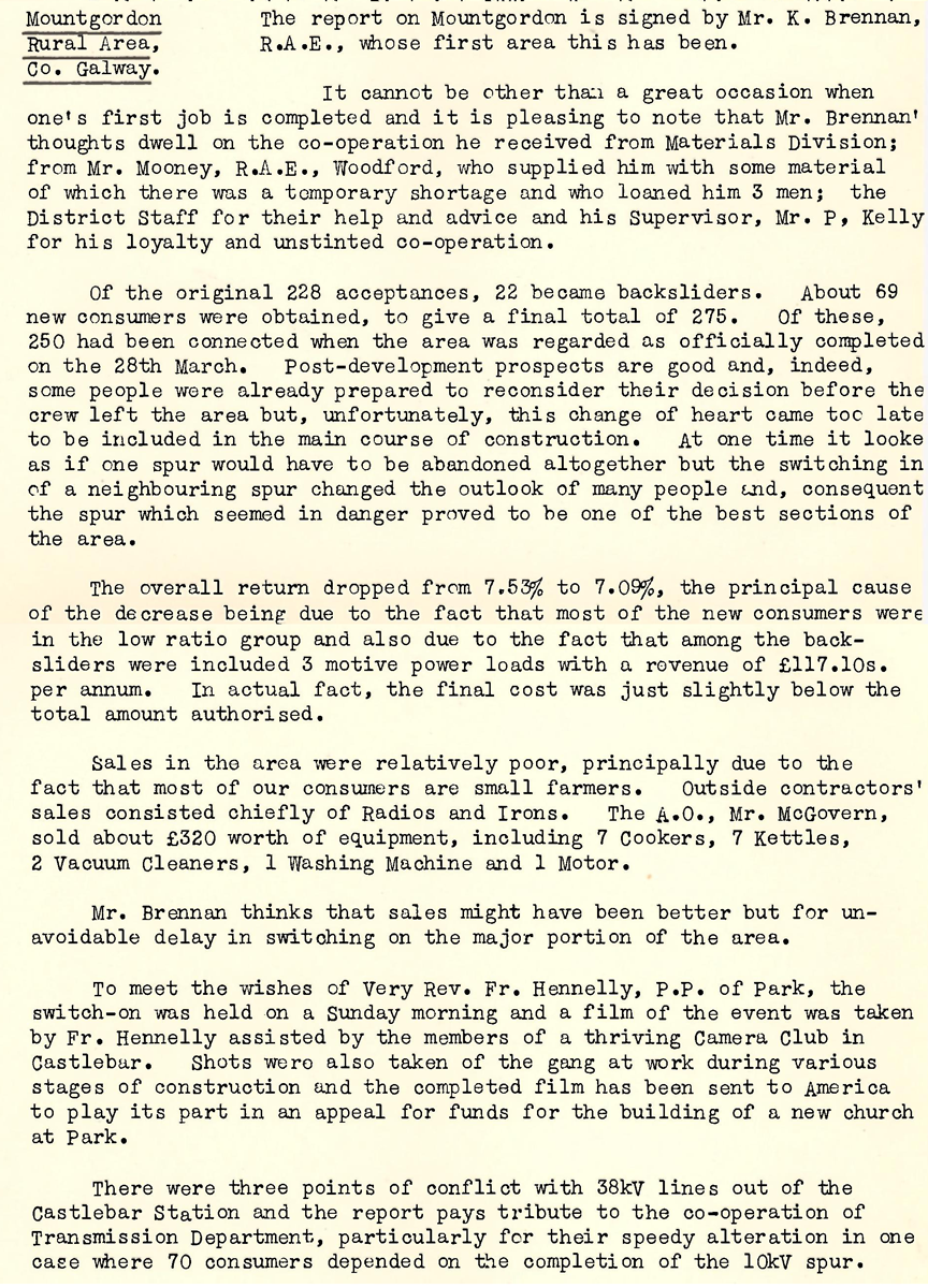 A scanned page from the ESB REO magazine about the Mountgordon Rural Area
