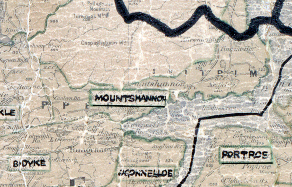A scanned, worn historical map from the 1940s of the rural electrification area around Mountshannon. A hand‑drawn boundary outlines the region, including Bodyke, and Portroe.