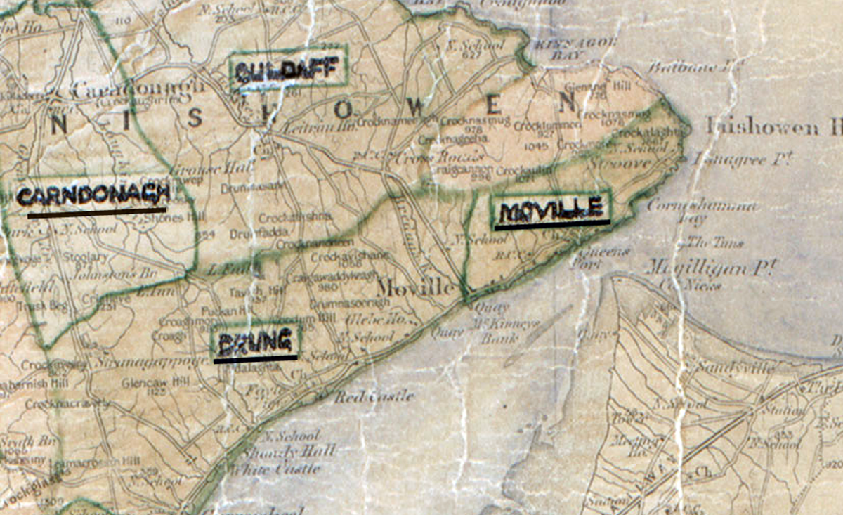 A scanned, worn historical map from the 1940s of the rural electrification area around Moville. A hand‑drawn boundary outlines the region, including Carndonagh, Shandon, Evinge, and the Inishowen peninsula.