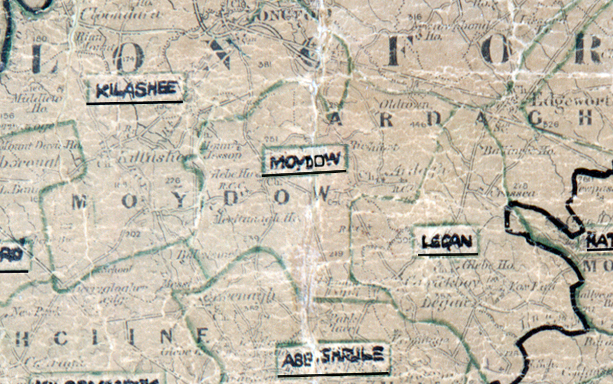 A scanned, worn historical map from the 1940s of the rural electrification area around Moydow. A hand‑drawn boundary outlines the region, including Kilashee, Legan, and Abbeyshrule.