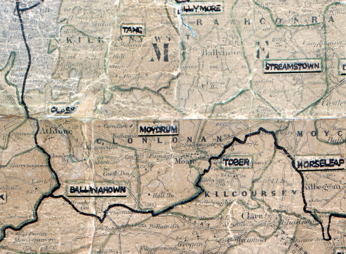 A scanned, worn historical map from the 1940s of the rural electrification area around Moydrum. A hand-drawn boundary outlines the region.