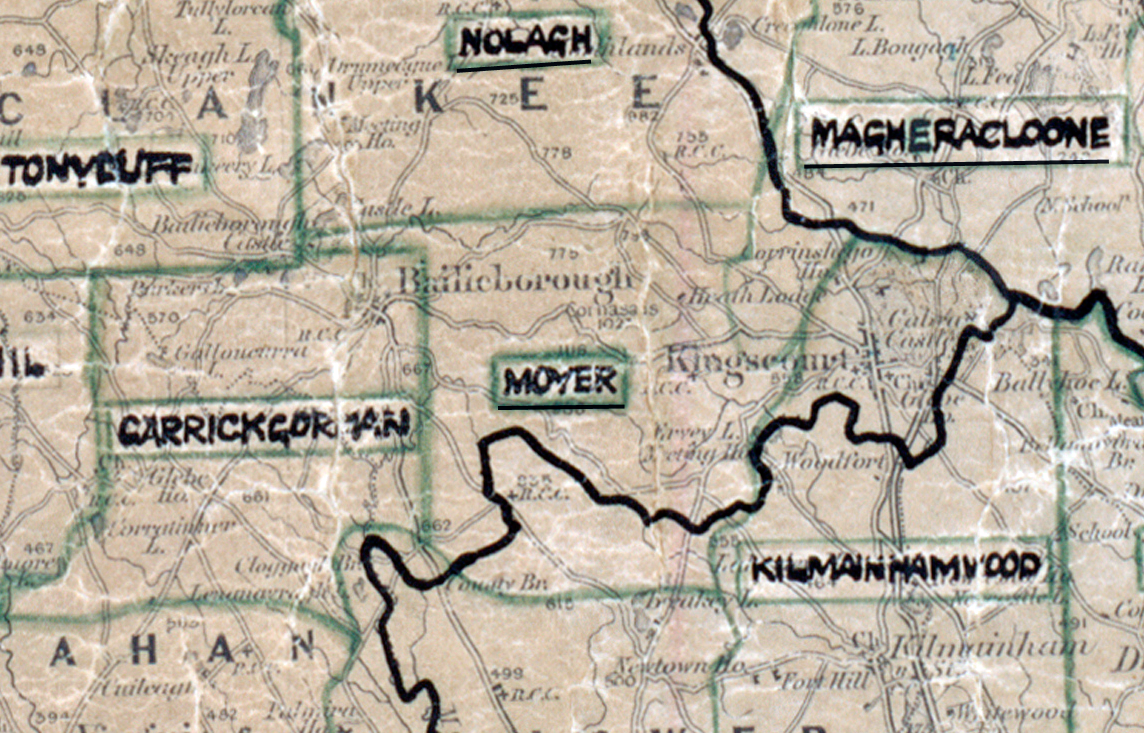 A scanned, worn historical map from the 1940s of the rural electrification area around Moyer. A hand‑drawn boundary outlines the region, including Tonyliffe, Nolagh, Carrickorpan, Magheracloone, and Kilmainhamwood.
