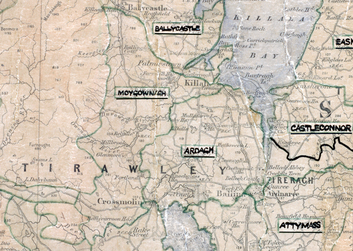 A scanned, worn historical map from the 1940s of the rural electrification area around Moygownagh. A hand‑drawn boundary outlines the region, including Ballycastle, Ardach, Castleconnor, Attyass, and parts of Tirawley.