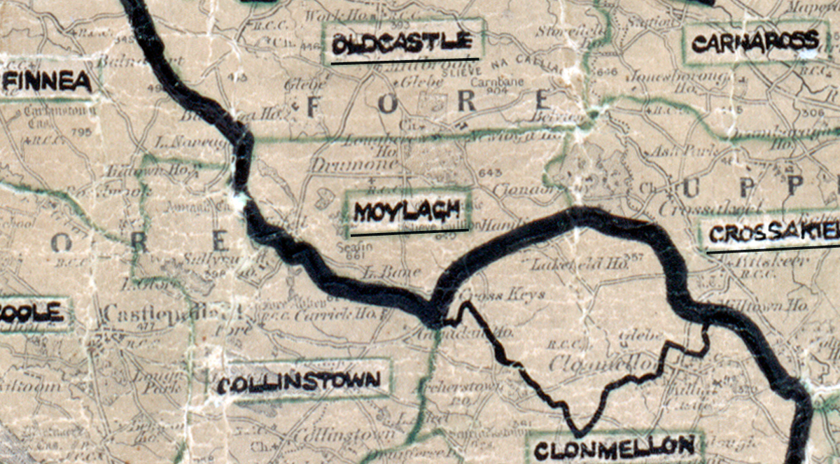 A scanned, worn historical map from the 1940s of the  rural electrification area around Moylagh. A  hand‑drawn boundary outlines the region.