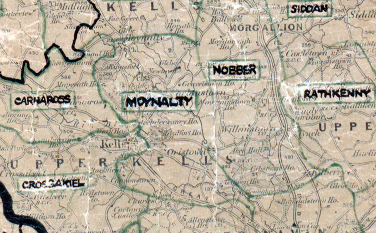 A scanned, worn historical map from the 1940s of the  rural electrification area around Moynalty. A  hand‑drawn boundary outlines the region.
