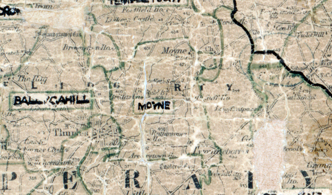 A scanned, worn historical map from the 1940s of the rural electrification area around Moyne. A hand‑drawn boundary outlines the region, including Ballycahill.