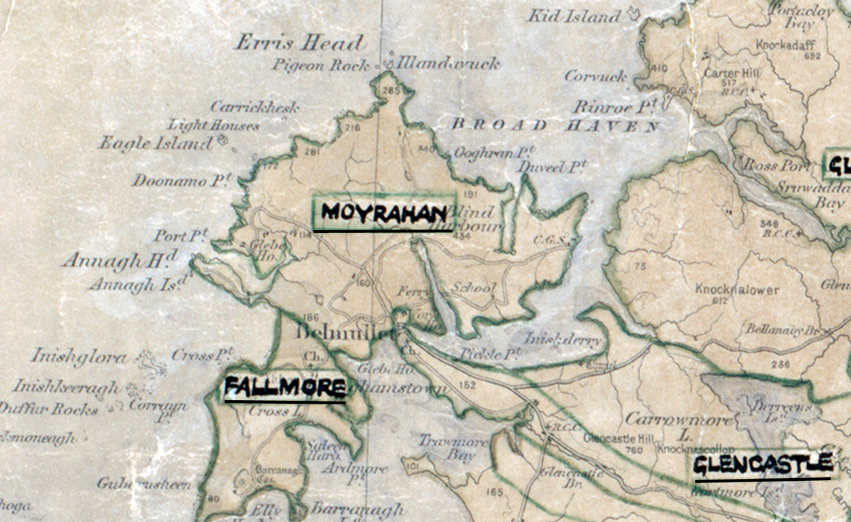 A scanned, worn historical map from the 1940s of the rural electrification area around Moyrahan. A hand‑drawn boundary outlines the region, including Fallmore, and Glencastle.