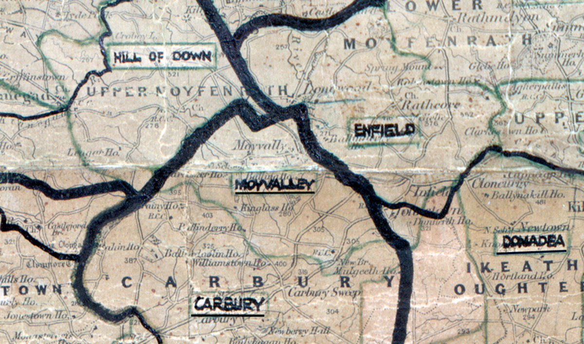 A scanned, worn historical map from the 1940s of the  rural electrification area around Moyvalley. A hand‑drawn boundary outlines the region, including Hill of Down, Enfield, Donadey and Carbury.