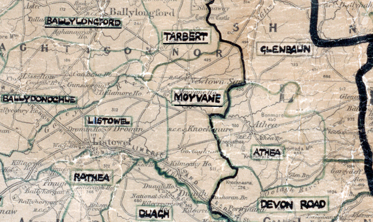 A scanned, worn historical map from the 1940s of the  rural electrification area around Moyvane. A hand‑drawn boundary outlines the region, including Ballylongford, Tarbert, Glenbalin, Ballydonochue, Listowel, Athea, Rathea, Duagh and Devon Road.
