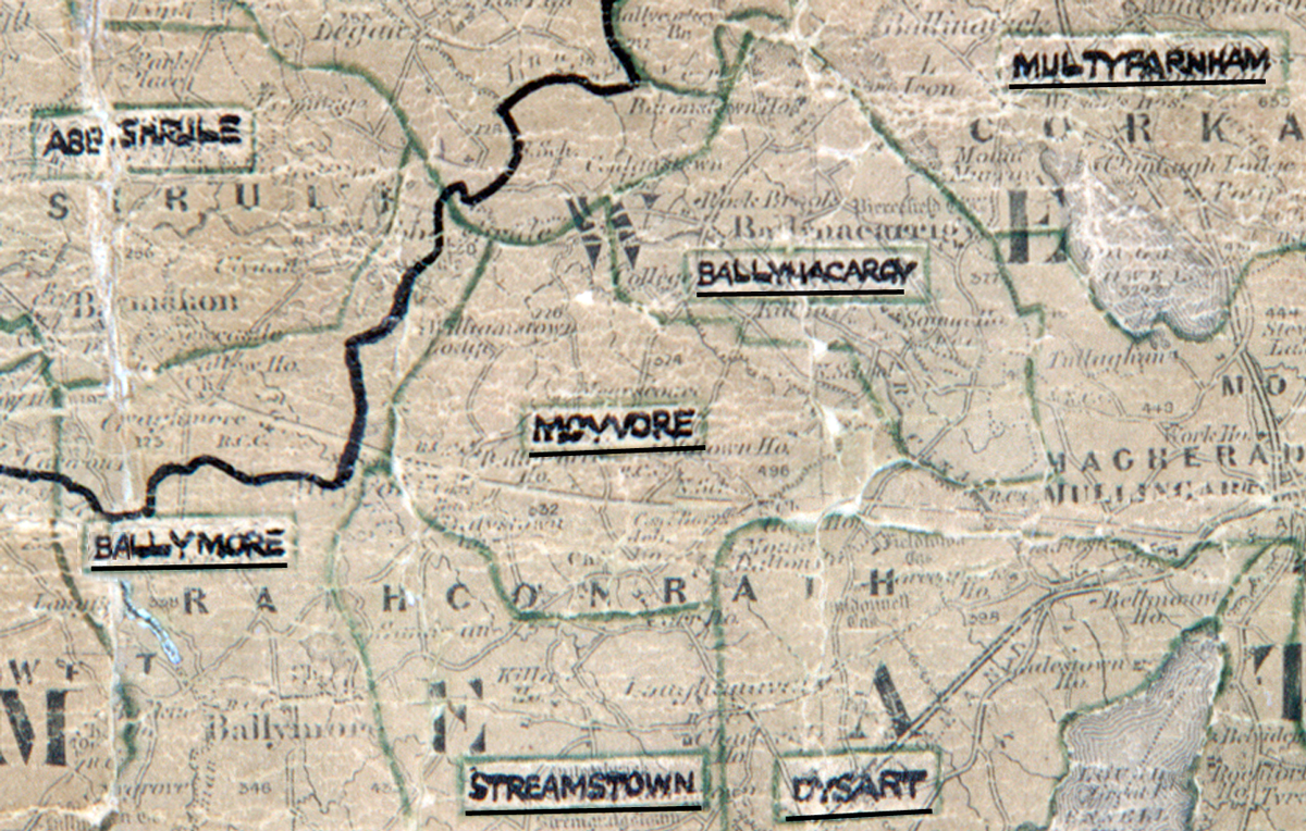 A scanned, worn historical map from the 1940s of the  rural electrification area around Moyvore. A hand‑drawn boundary outlines the region, including Abbeyshrule , Multyfarnham, Moyvore, Streamstown, Dysart and Ballymacargy.