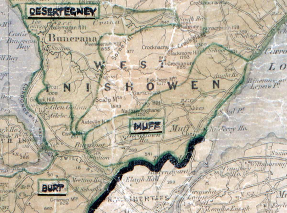 A scanned, worn historical map from the 1940s of the rural electrification area around Muff. A hand‑drawn boundary outlines the region, including Desertteegny, and Burt.