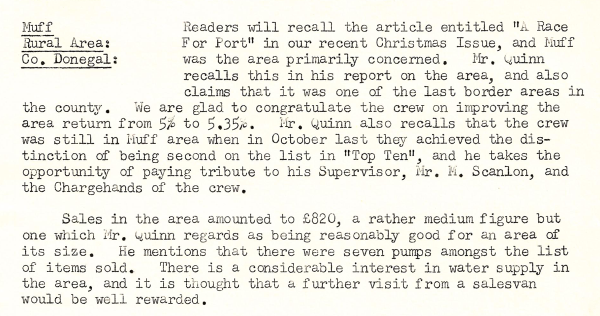 A scanned page from the ESB REO magazine about the Muff Rural Area