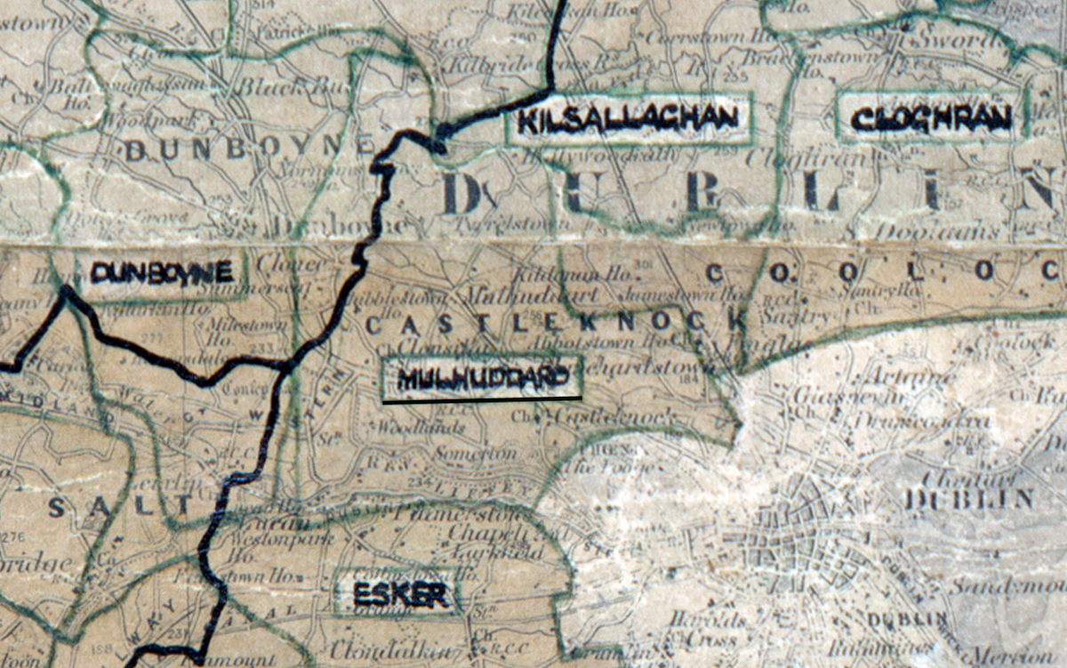 A scanned, worn historical map from the 1940s of the rural electrification area around Mulhuddart. A hand‑drawn boundary outlines the region, including Esker, Dunboyne and Kilsallaghan.