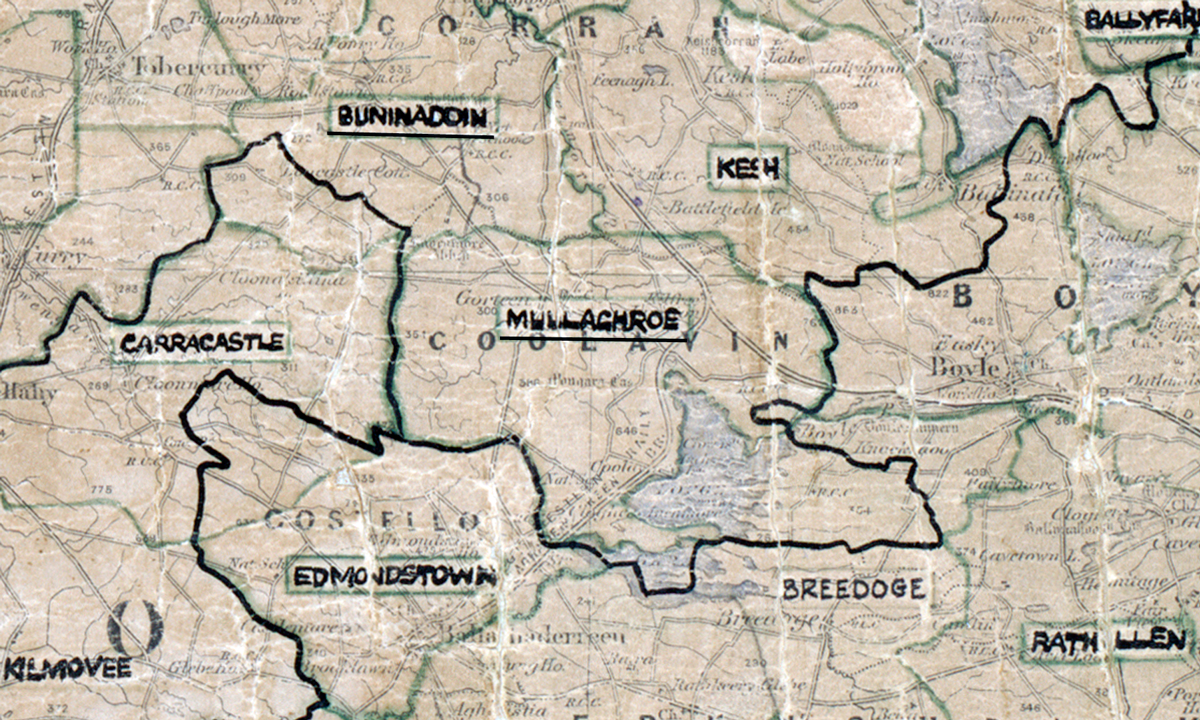 A scanned, worn historical map from the 1940s of the  rural electrification area around Mullaghroe. A hand‑drawn boundary outlines the region, including Buninaddin, Carracastle, Kesh, Edmondstown, Kilmovee and Ratholeen.