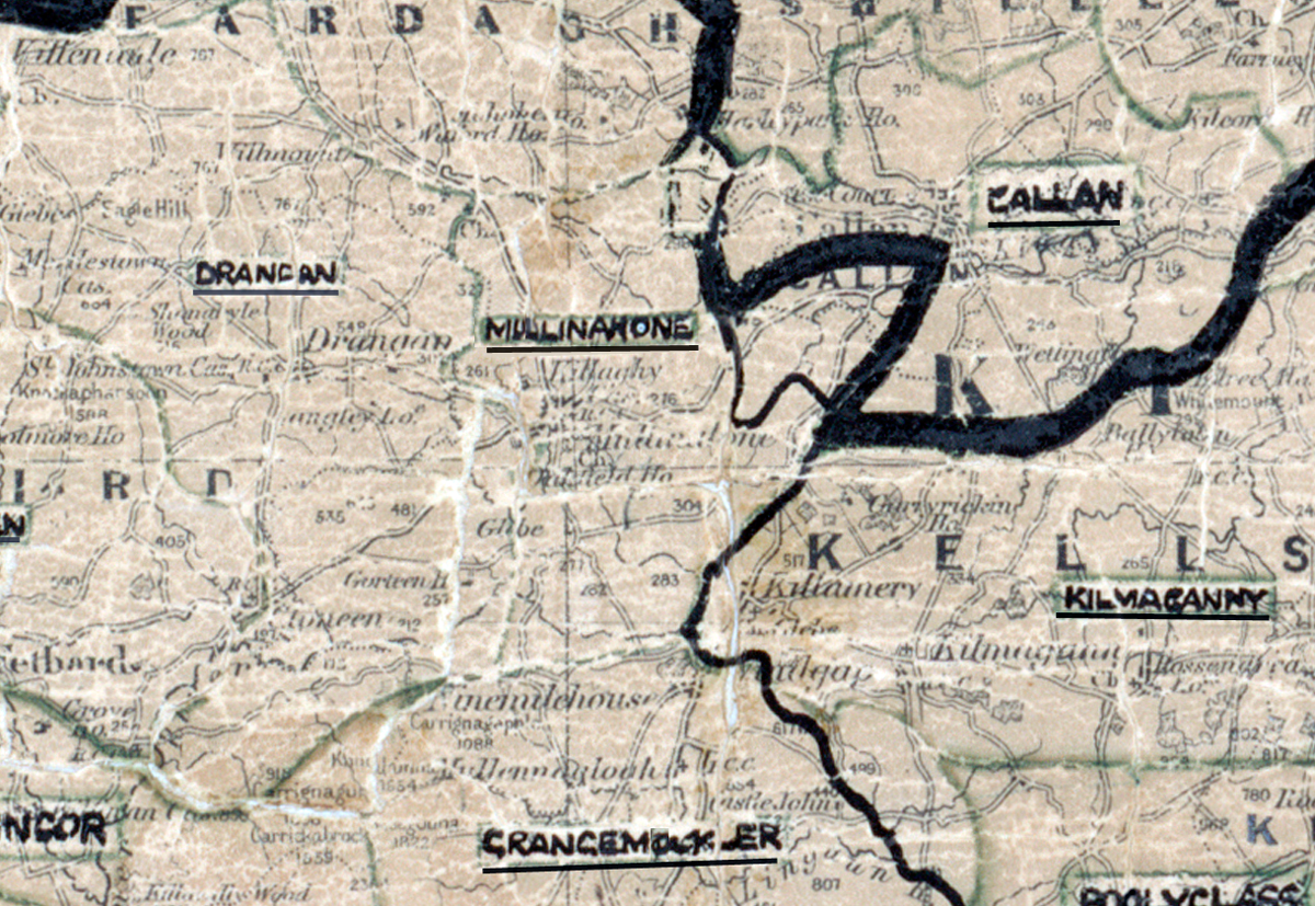 A scanned, worn historical map from the 1940s of the rural electrification area around Mullinahone. A hand‑drawn boundary outlines the region, including Drangan, Callan, Kilmaganny, and Grangemockler.