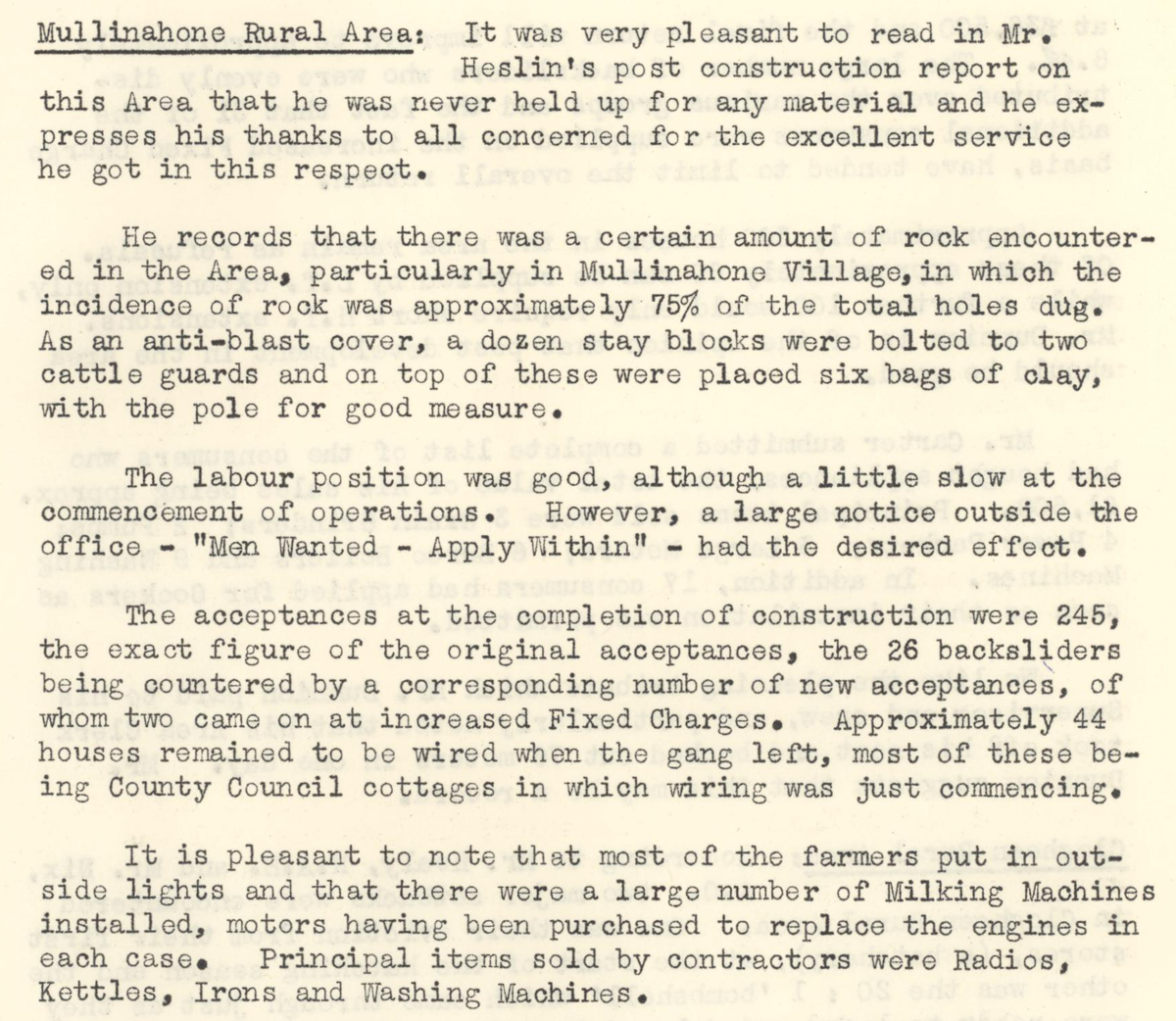 A scanned page from the ESB REO magazine about the Mullinahone Rural Area