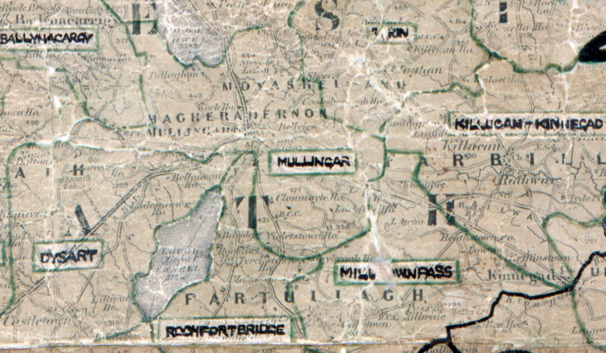 Map extract showing rural electrification areas in County Westmeath, including Mullingar, Kilucan-Kinnegad, Milltownpass, Rochfortbridge and Dysart.