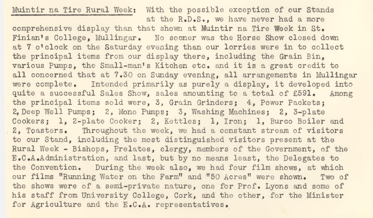 Article describing ESB's exhibition stand at Muintir na Tire Rural Week in Mullingar, including appliance displays, sales results and promotional activities.