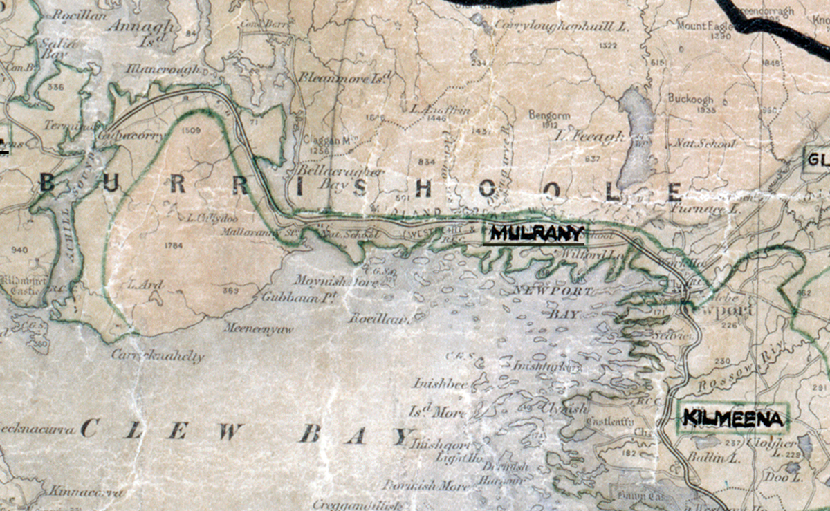 A scanned, worn historical map from the 1940s of the rural electrification area around Mulrany. A hand‑drawn boundary outlines the region, including Burrishoole, Killmeena, and Clew Bay.