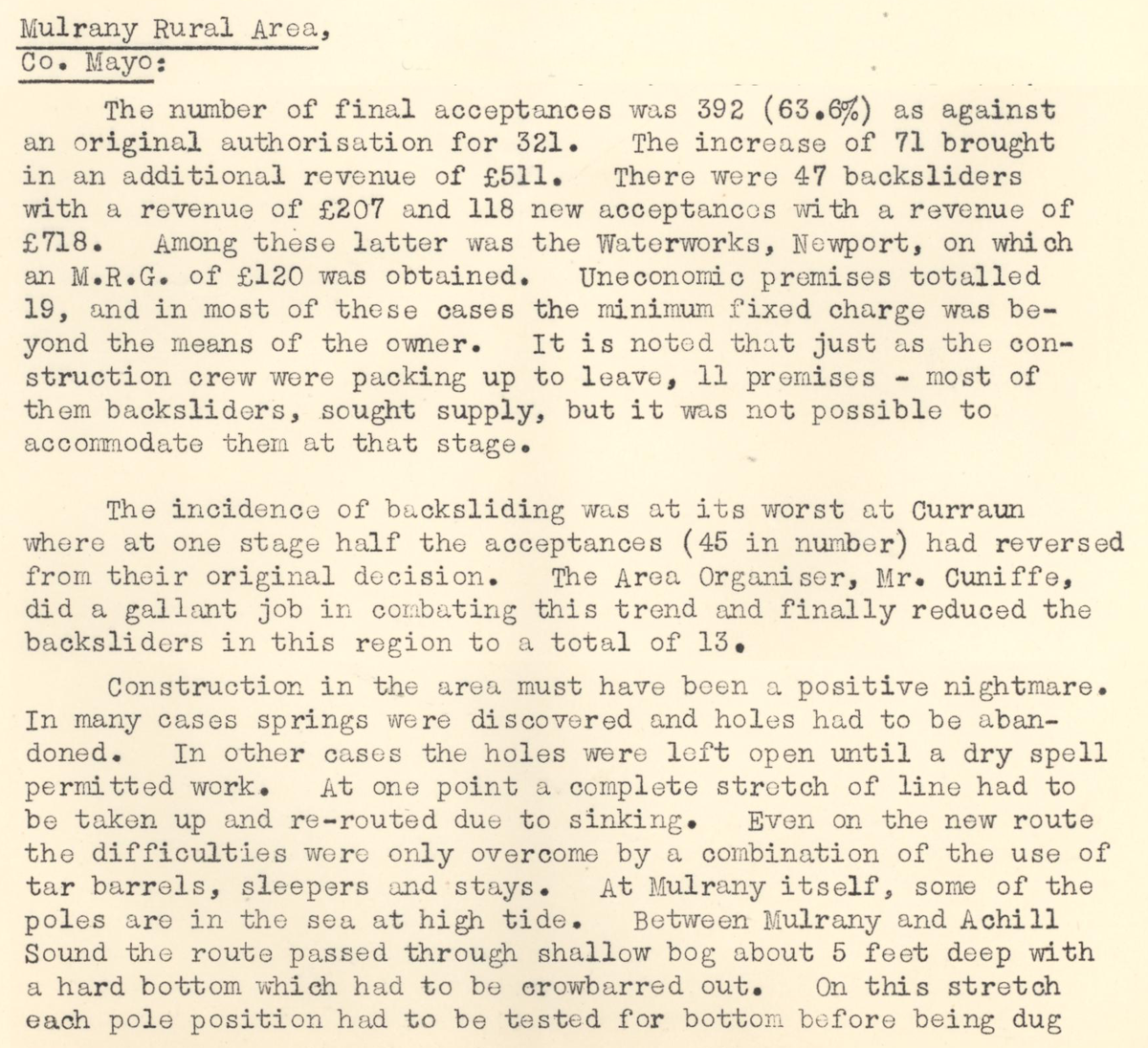 A scanned page from the ESB REO magazine about the Mulrany Rural Area