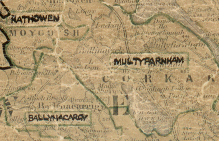 A scanned, worn historical map from the 1940s of the rural electrification area around Multyfarnham. A hand‑drawn boundary outlines the region, including Rathowen, and Ballymacarry.
