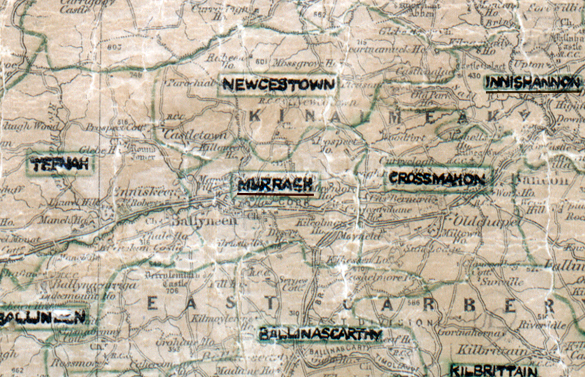 A scanned, worn historical map from the 1940s of the  rural electrification area around Murragh. A hand‑drawn boundary outlines the region, including Newcestown, Teenah, Ballineen, Innishannon, Ballinascarthy, Crossmahon and Kilbrittain.