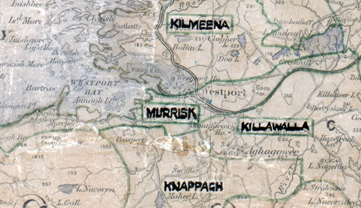 A scanned, worn historical map from the 1940s of the rural electrification area around Murrisk. A hand‑drawn boundary outlines the region, including Kilmeena, Killawalla, and Knappagh.