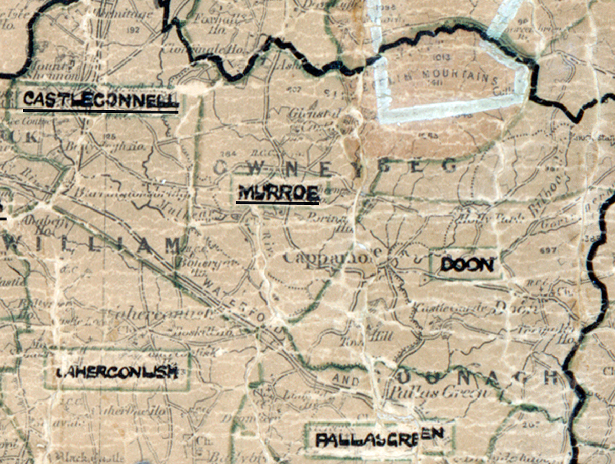 A scanned, worn historical map from the 1940s of the rural electrification area around Murroe. A hand‑drawn boundary outlines the region, including Castleconnell, Doon, Aherconlish, and Pallasgreen.