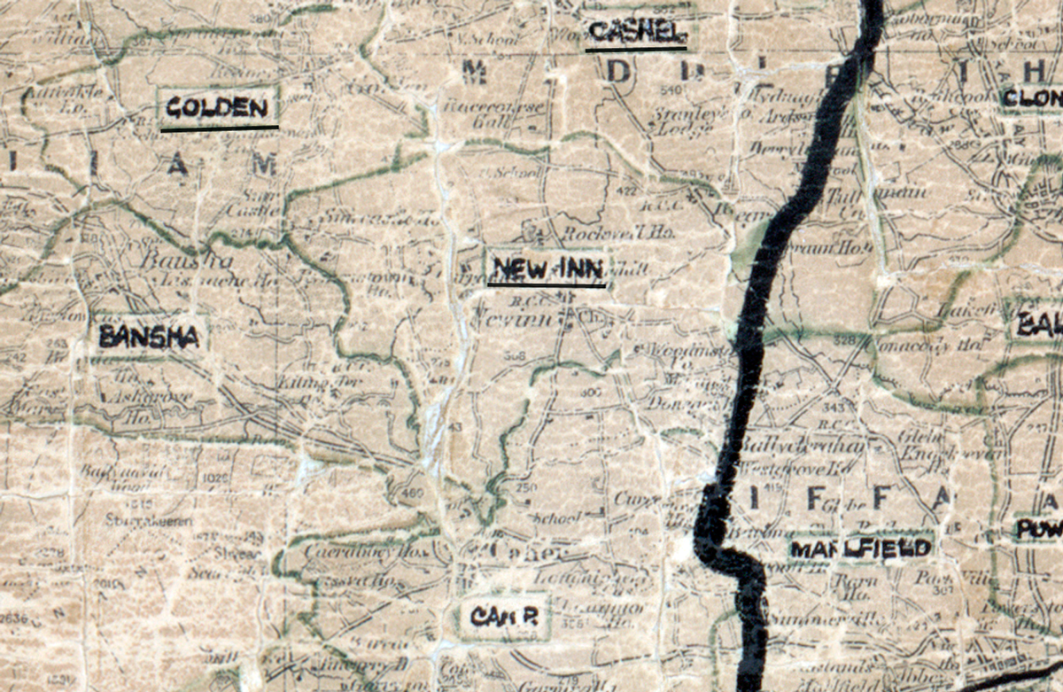 A scanned, worn historical map from the 1940s of the rural electrification area around New Inn. A hand‑drawn boundary outlines the region, including Golden, Bansha, Cashel, Marlfield, and Cappawhite.