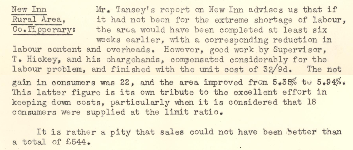 A scanned page from the ESB REO magazine about the New Inn Rural Area