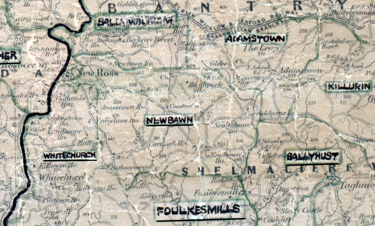 A scanned, worn historical map from the 1940s of the rural electrification area around Newbawn. A hand‑drawn boundary outlines the region, including Ballywilliam, Adamstown, Killurin, Whitechurch, Ballyhust, and Foulkesmills.