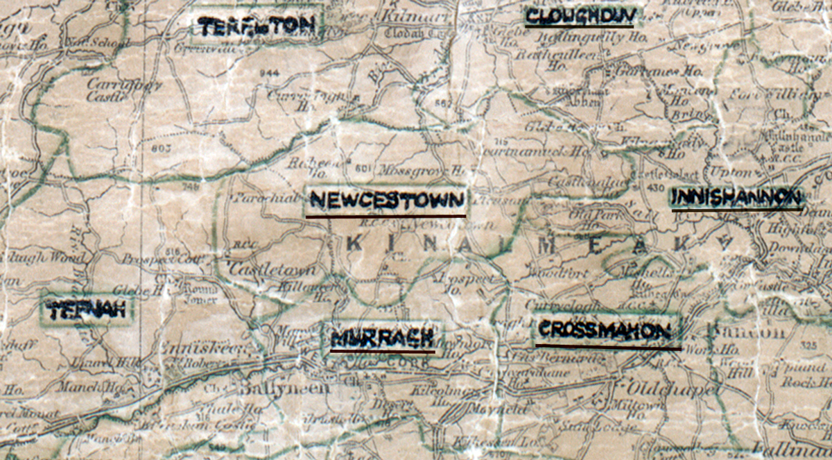 A scanned, worn historical map from the 1940s of the  rural electrification area around Newcestown. A hand‑drawn boundary outlines the region, including Terelton, Cloughduv, Teenagh, Innishannon, Teenagh, Murragh and Crossmahon.
