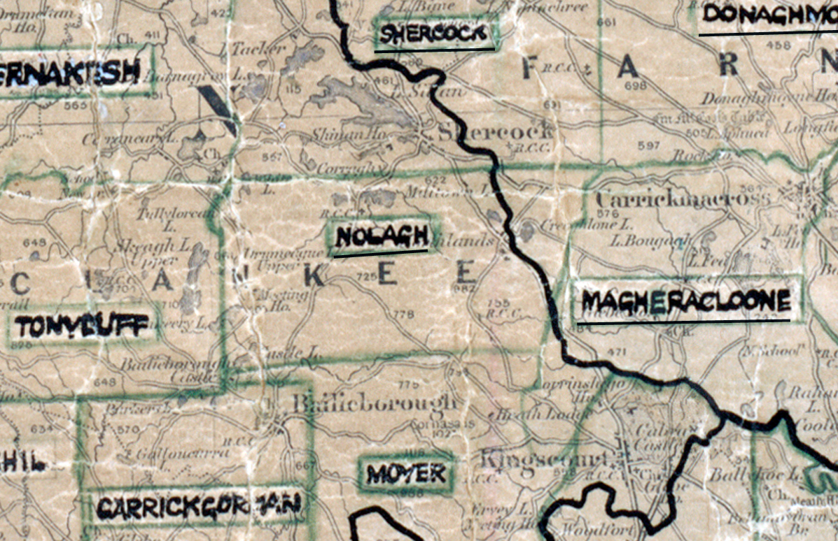 A scanned, worn historical map from the 1940s of the rural electrification area around Nolagh. A hand‑drawn boundary outlines the region, including Tonyliffe, Shercock, Magheracloone, and Moyer.