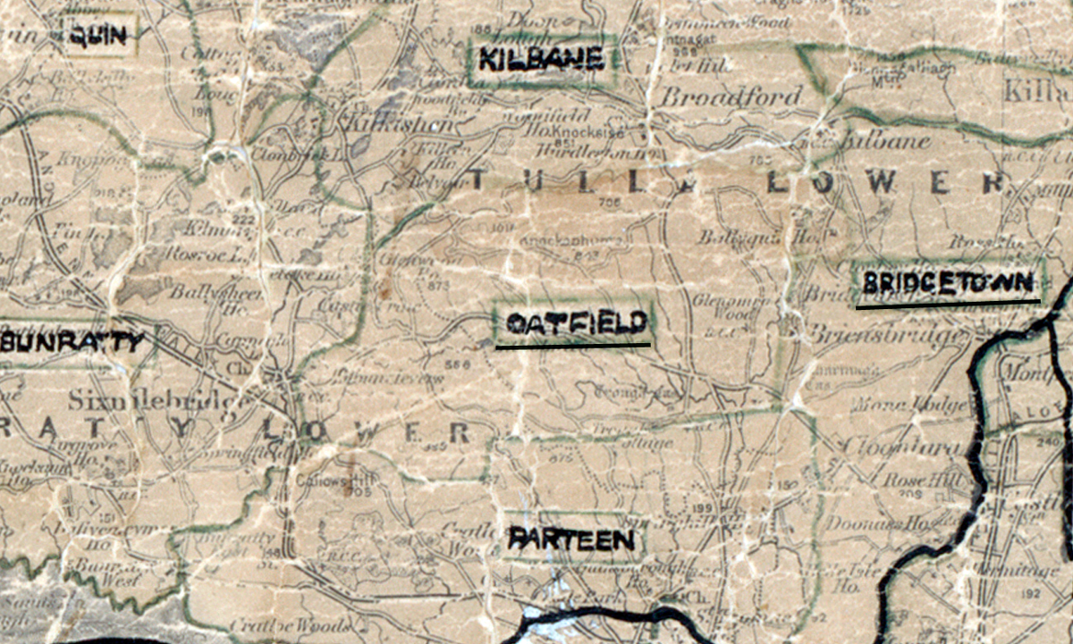 A scanned, worn historical map from the 1940s of the rural electrification area around Oatfield. A hand‑drawn boundary outlines the region, including Kilbane, Parteen, Bridgetown, Bunratty, and Quin.