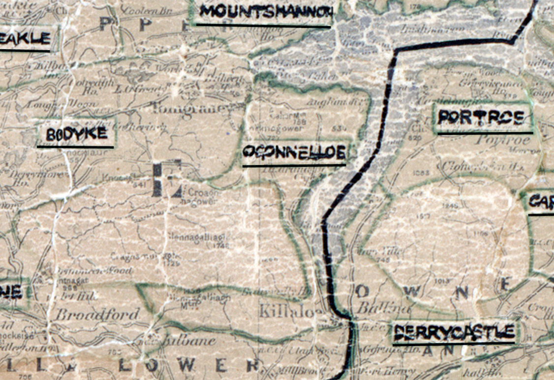A scanned, worn historical map from the 1940s of the rural electrification area around Ogonnelloe. A hand‑drawn boundary outlines the region, including Mountshannon, Bodyke, Portroe, and Derrycastle.