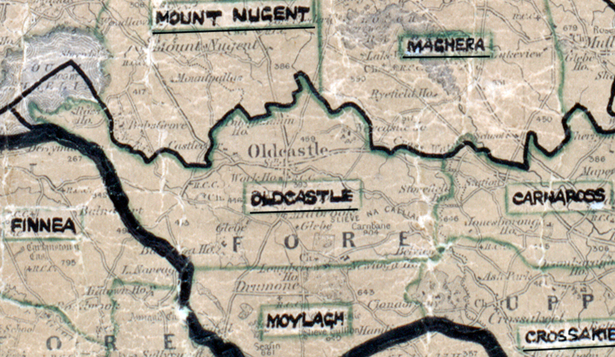 A scanned, worn historical map from the 1940s of the  rural electrification area around Oldcastle. A hand‑drawn boundary outlines the region, including Mount Nugent, Maghera, Finnea, Carhaross and Crossakie.