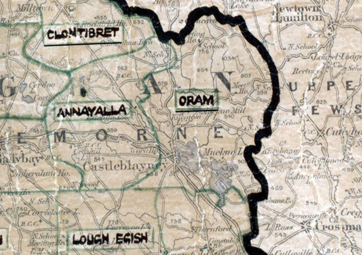 A scanned, worn historical map from the 1940s of the rural electrification area around Oram. A hand‑drawn boundary outlines the region, including Clontibret, Annayalla, and Lough Egish.