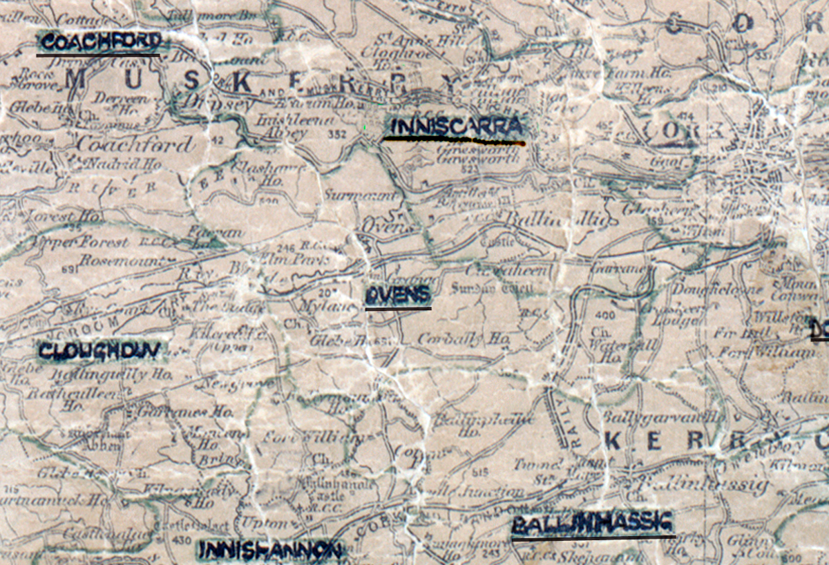 A scanned, worn historical map from the 1940s of the  rural electrification area around Ovens. A hand‑drawn boundary outlines the region, including Coachford, Inniscarra, Cloughduv, Innishannon and Ballinhassig.