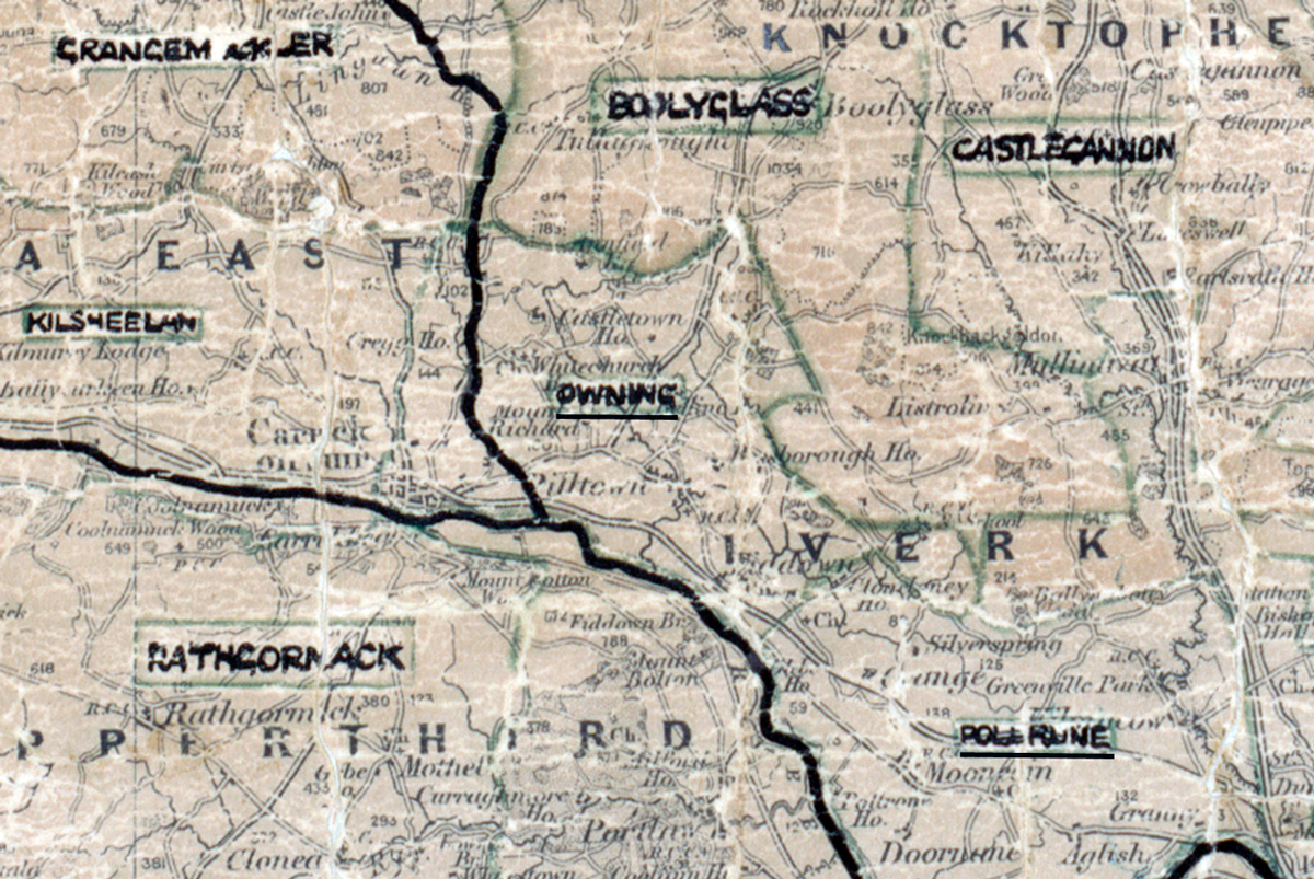 A scanned, worn historical map from the 1940s of the rural electrification area around Owning. A hand‑drawn boundary outlines the region, including Crangemore, Ballycassey, Castlecannon, Kilsheelan, Polone, and Rathgornack.