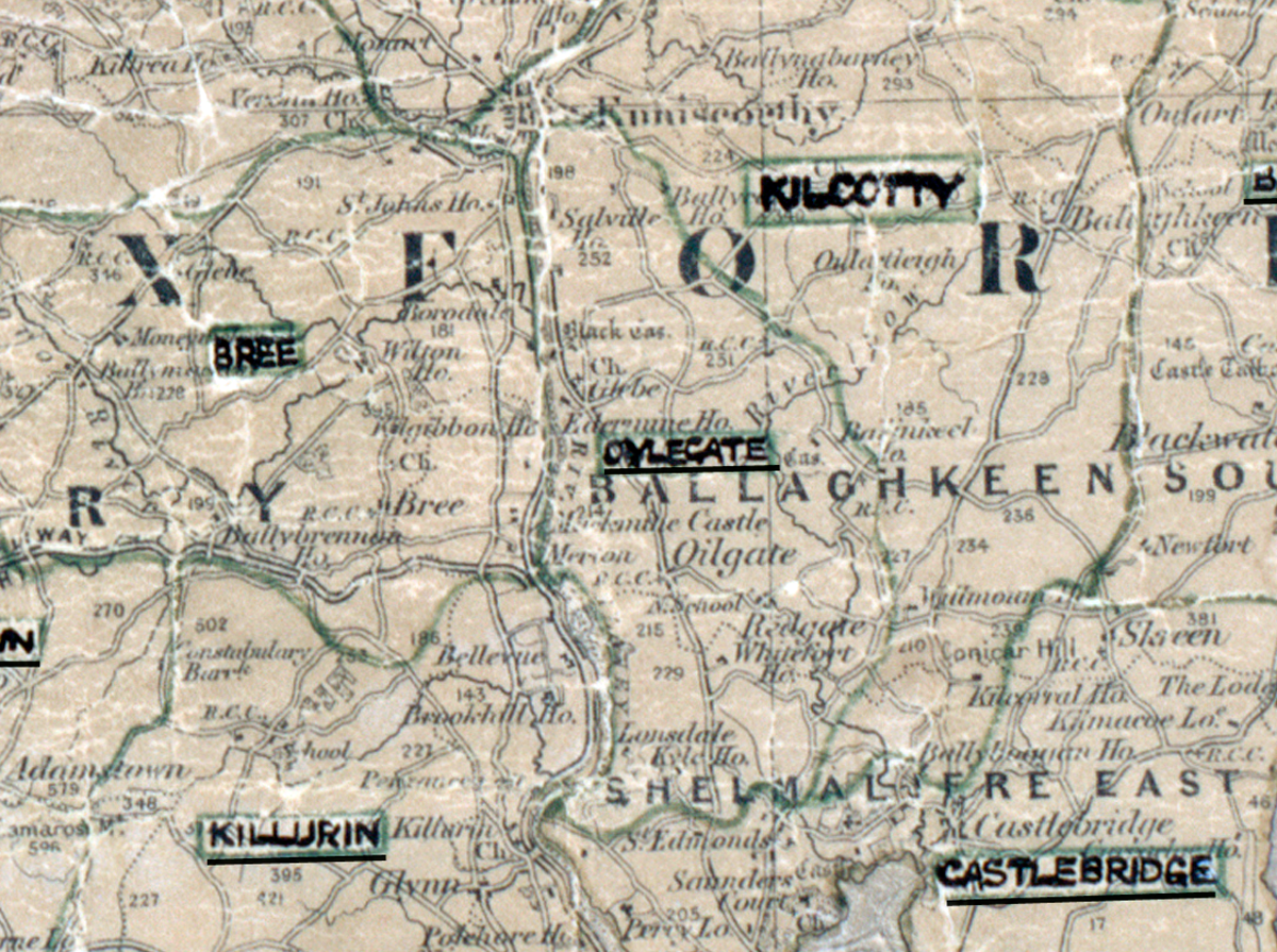 A scanned, worn historical map from the 1940s of the rural electrification area around Oylesgate. A hand‑drawn boundary outlines the region, including Bree, Ballaghkeen, Kilcurry, Killurin, and Castlebridge.