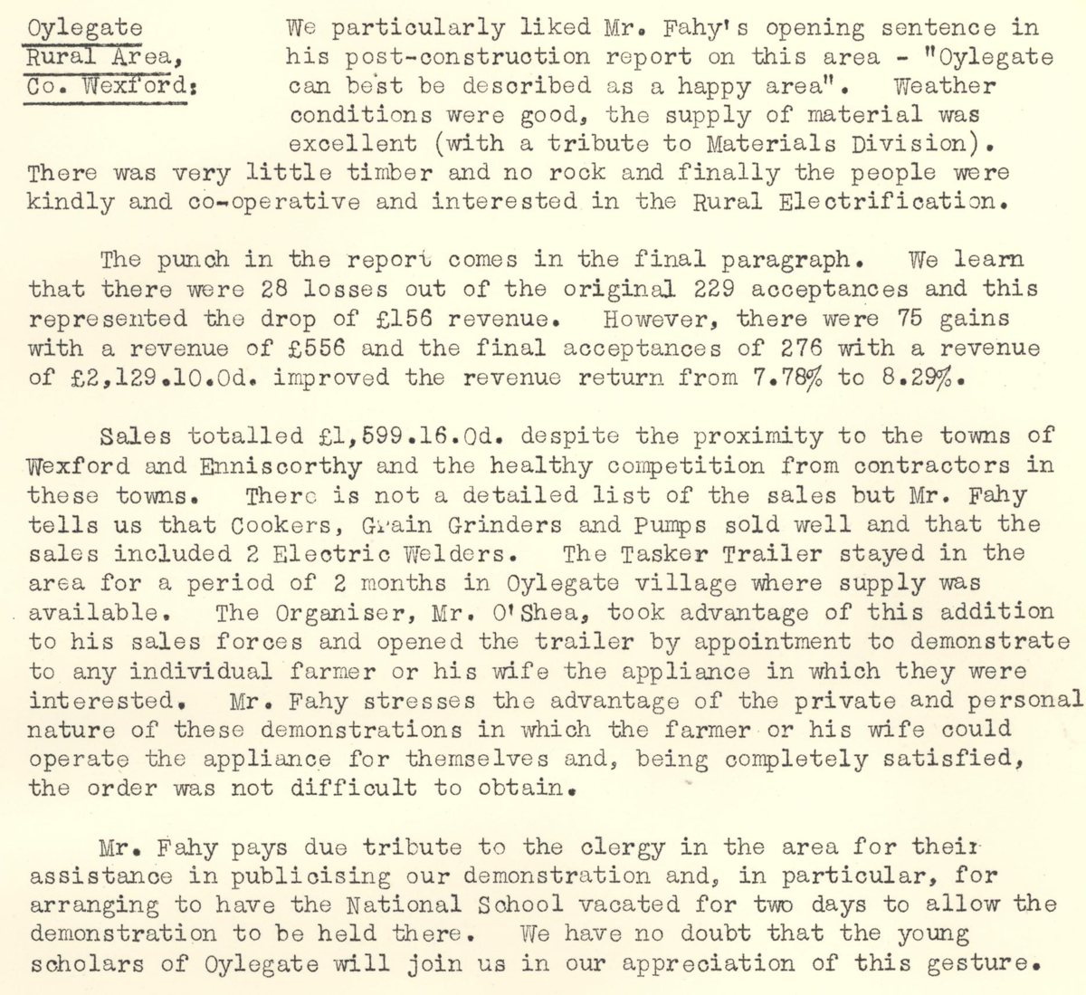 A scanned page from the ESB REO magazine about the Oylegate Rural Area
