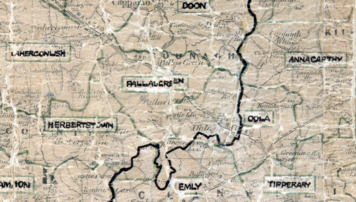 A scanned, worn historical map from the 1940s of the  rural electrification area around Pallasgreen.