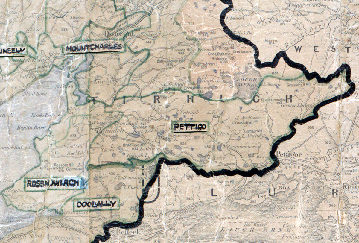 A scanned, worn historical map from the 1940s of the  rural electrification area around Pettigo. A  hand‑drawn boundary outlines the region.